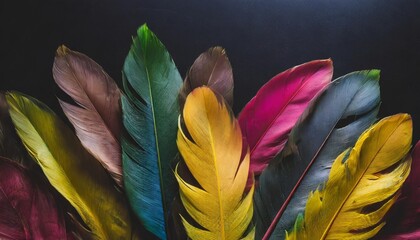 feather wallpaper close up colorful leaves spread out in groups on a black background volumetric light