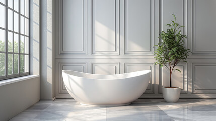 Spacious modern bathroom bathed in natural light features a freestanding tub and lush indoor plants