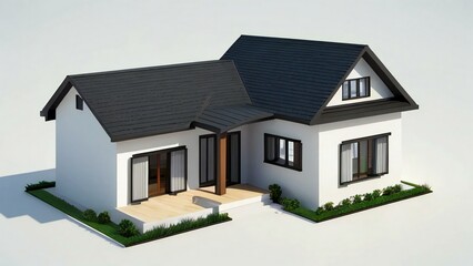 Modern detached house with white walls and dark roof on a white background, 3D illustration.