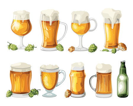 Vector beer mugs with foam beer set in vintage style isolated on the background