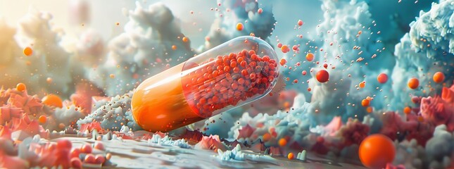Dynamic pharmaceutical explosion with vibrant pills and capsules against a dramatic backdrop, symbolizing medical breakthrough or intense health research. - obrazy, fototapety, plakaty