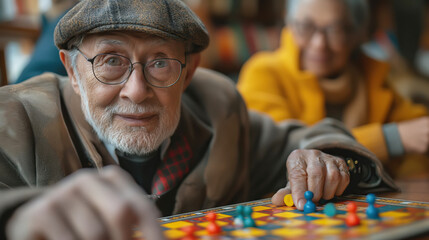 Multiracial seniors having fun during board game in geriatric clinic or nursing home - obrazy, fototapety, plakaty