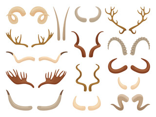 Cartoon horns set. Isolated animal horn, antlers of reindeer, antelope, deer and moose. Decorative wildlife animals hunters trophies neoteric vector clipart