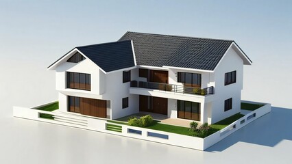 Modern two-story house with solar panels on roof, 3D rendering isolated on white background.