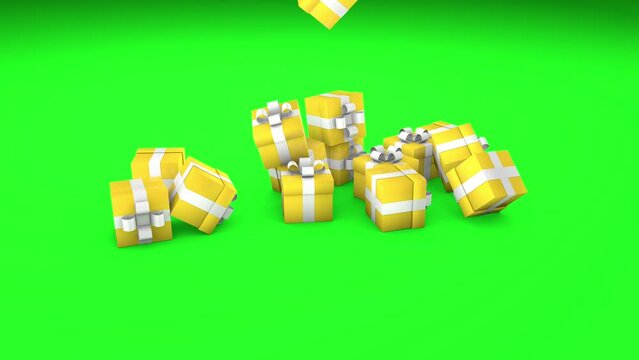 Many yellow gift boxes fall on a green background. 3D animation. Winter holidays concept.