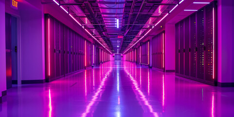 A vibrant and modern data center illuminated with neon lights along the hallway