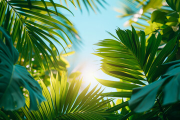 Lush green palm fronds illuminated by bright sunshine with a clear blue sky backdrop