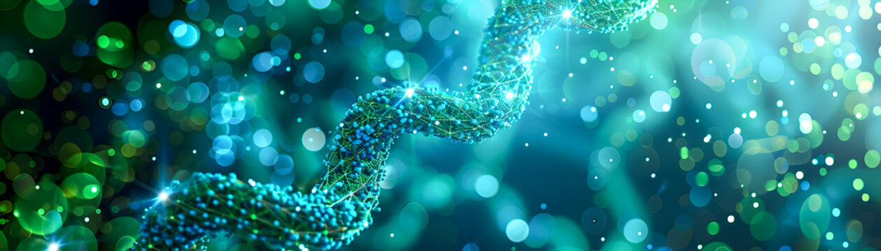 A green and blue image of a DNA strand with a lot of sparkles