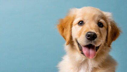 portrait of a happy goldne retriever dog puppy on a light blue background with space for text