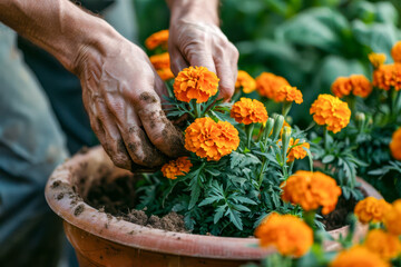 A close-up view of a gardener's hands carefully planting bright orange marigolds in a classic terracotta flowerpot