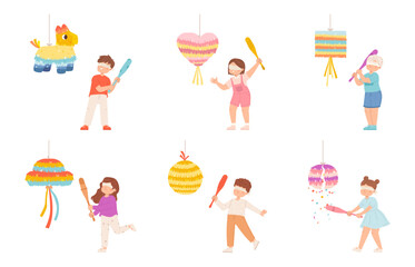 Kids hitting pinata. Children striking pinatas with confetti and candies. Childish birthday party games, funny girl and boy with closed eyes. Snugly vector characters © MicroOne