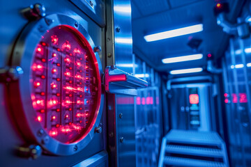 Futuristic Data Center with Red Illuminated Server Racks