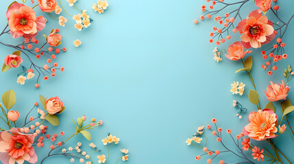 Flowers on blue background with copy space. Abstract natural floral frame layout. Wedding invitation. International Women day, Mother Day concept