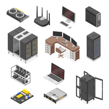 Isometric data center elements. Digital technologies, computers and monitors. Server equipment, router and components. Cloud service, flawless vector set