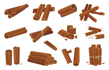 Cartoon cinnamon sticks. Isolated spice, cinnamon bark organic elements. Sweet cooking spices for bakery, desserts or coffee, neoteric vector set