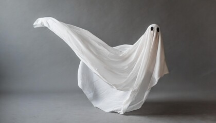 a ghost in a white fabric fluttering in the wind on a gray background in the studio halloween minimal concept