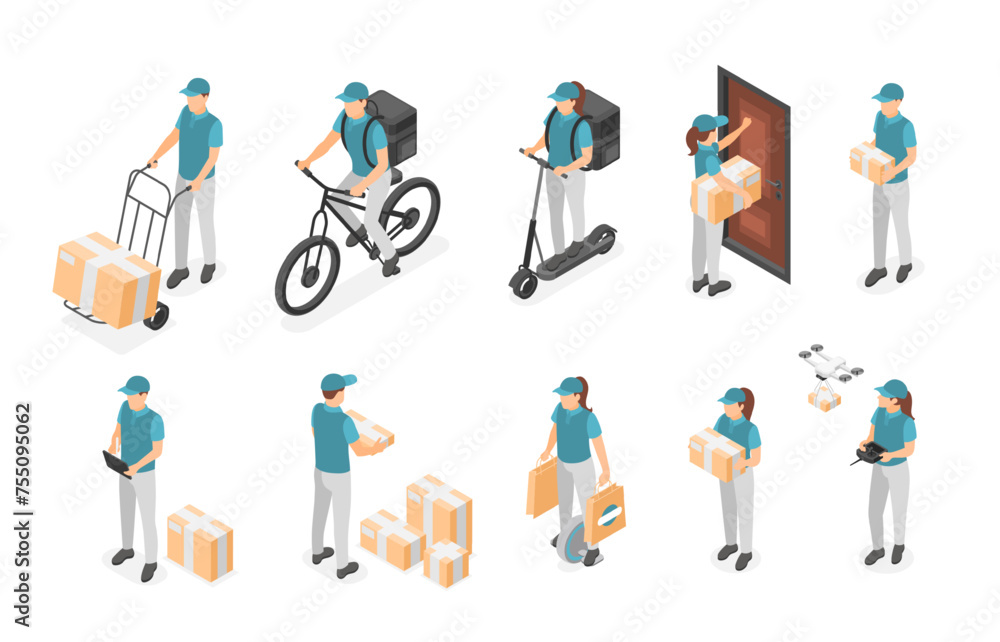 Canvas Prints isometric courier characters. men women in uniform with parcels and boxes. delivery logistic service