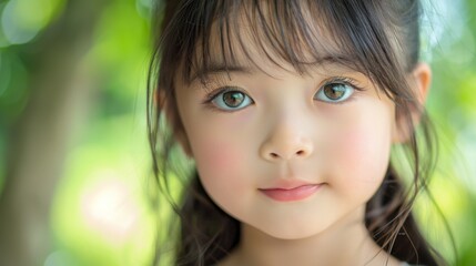 Fototapeta premium A close-up view of a multiracial young girl with striking blue eyes