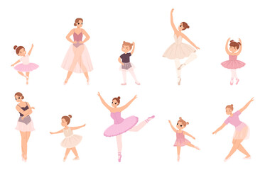 Female ballerinas. Cute girls dancers in dress and tutu skirts. Little girl dancing classic dance. Theater artists, classical snugly vector characters