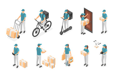 Isometric courier characters. Men women in uniform with parcels and boxes. Delivery logistic service, couriers on bike and scooter, flawless vector set