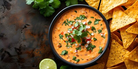 Colorful queso dip accompanied by crispy tortilla chips and zesty lime. Concept Food Photography, Queso Dip, Tortilla Chips, Lime, Appetizer - obrazy, fototapety, plakaty
