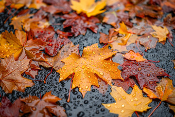 Vibrant fallen autumn leaves covered in raindrops resting on a dark, wet surface
