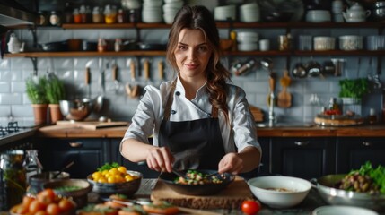 Fototapeta na wymiar Professional chef garnishing a dish in a modern kitchen. Culinary arts and gourmet cooking concept