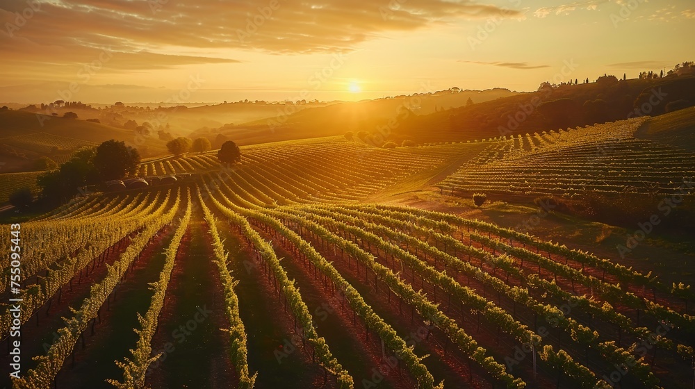 Wall mural the golden hour illuminating a sprawling vineyard from an aerial perspective