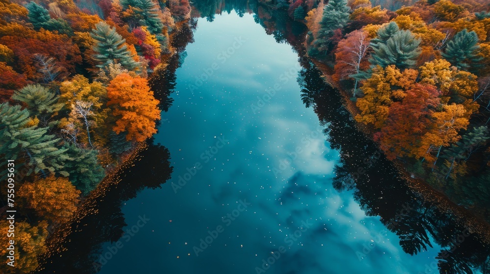 Wall mural the mirror-like surface of a calm lake reflecting the vibrant colors of autumn