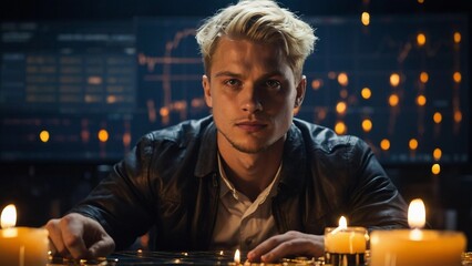 Fototapeta na wymiar Bitcoin as background; 23-year-old blond man in the foreground, floating on his hand a few candles from the cryptochart