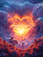 A sunset painting featuring a heartshaped cloud in the sky