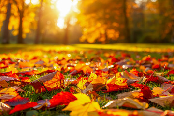 Golden Autumn Sunrise in a Park with Colorful Leaves