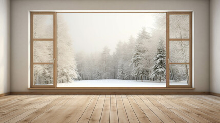 Empty living room with wood floor and big window with winter landscape view