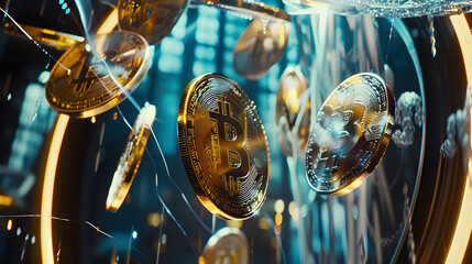 Golden Bitcoin Coins Floating in Cyberspace