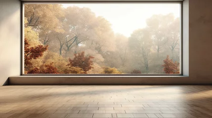 Foto op Plexiglas Large and empty living room with big window and fall landscape view © Danielle