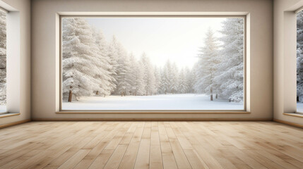 Empty living room with wood floor and big window with winter landscape view