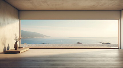 Large and empty living room with big window and blue sea view