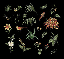 Chinoiserie elements such as branches, flowers and birds isolated. Vector. - 755096611