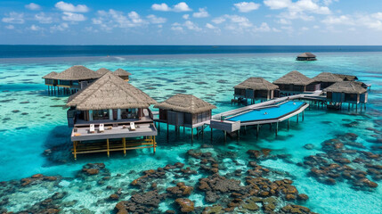Maldives landscape with azure waters of the Indian Ocean and beach resorts