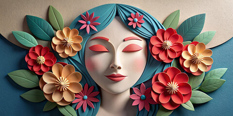 Illustration of face and flowers style paper cut with copy space corner for International Women's Day
