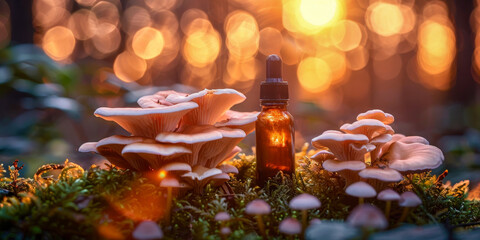 Enchanting Forest Mushrooms with Essential Oil Bottle at Golden Hour