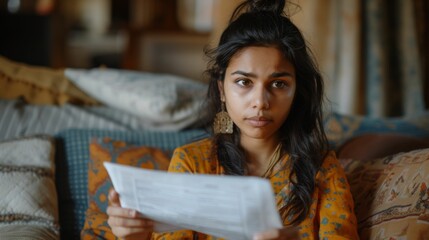 A multiracial woman is sitting on a couch, holding a piece of paper in her hands
