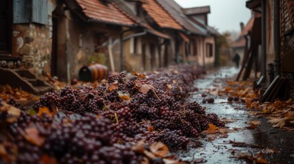 A cluster of grapes has fallen and now lay scattered on the ground, surrounded by dirt and leaves