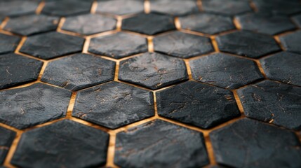 Detailed view of a black and gold tiled floor, showcasing intricate patterns and textures