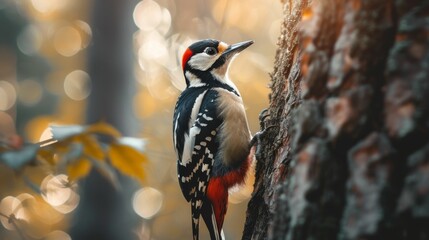 A woodpecker is perched on a tree trunk, pecking away at the bark with its beak - obrazy, fototapety, plakaty