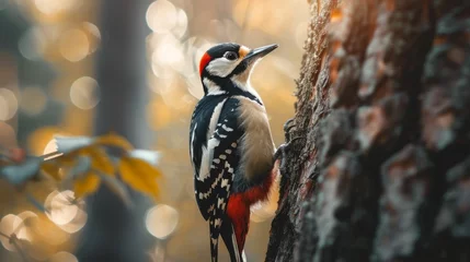 Foto op Plexiglas A woodpecker is perched on a tree trunk, pecking away at the bark with its beak © imagineRbc
