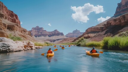 A diverse group of individuals in kayaks paddling down a river - obrazy, fototapety, plakaty