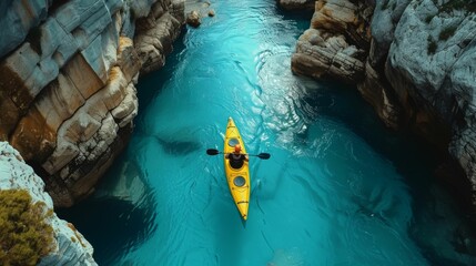 A multiracial person is seen paddling a bright yellow kayak on a flowing river