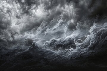 A black and white scene of turbulent storm clouds gathering in the sky, creating a dramatic and ominous atmosphere.