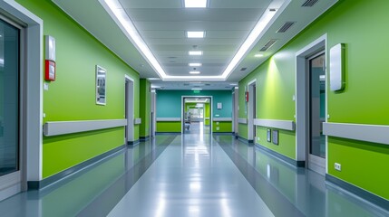 A long hallway with green walls and white trim. Multiracial people walking and interacting along the corridor